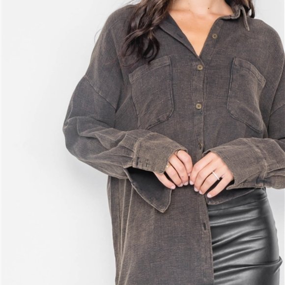 CHARCOAL BLACK OIL WASH BUTTON DOWN GREEN SHACKET - Picture 4 of 5